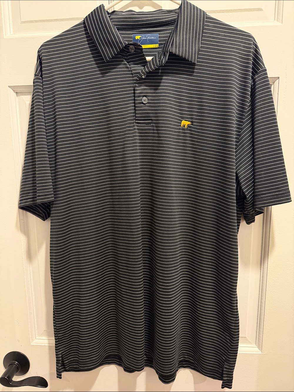 Jack Nichlaus Men's Black Micro-Stripe Polo with Yellow Logo